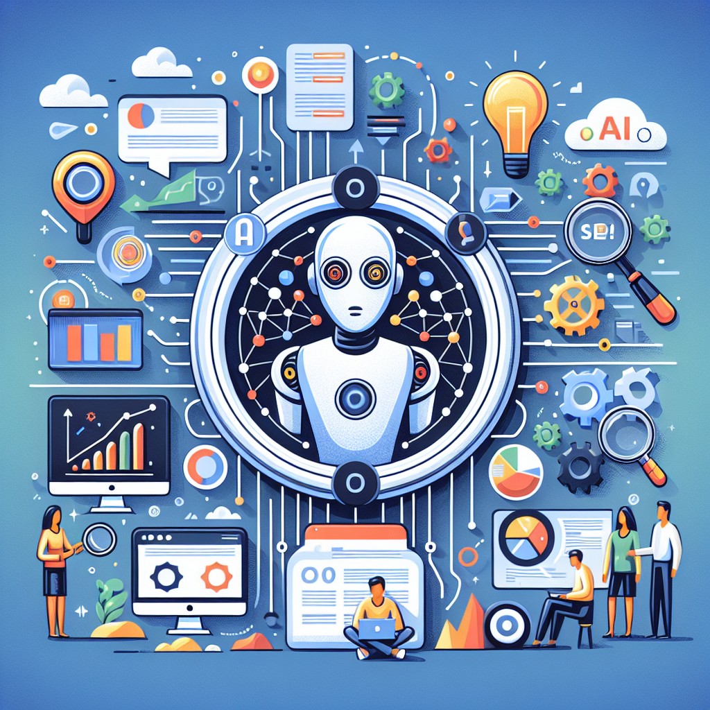 Illustration montrant l'intégration de l'Intelligence Artificielle dans les stratégies SEO en 2024.