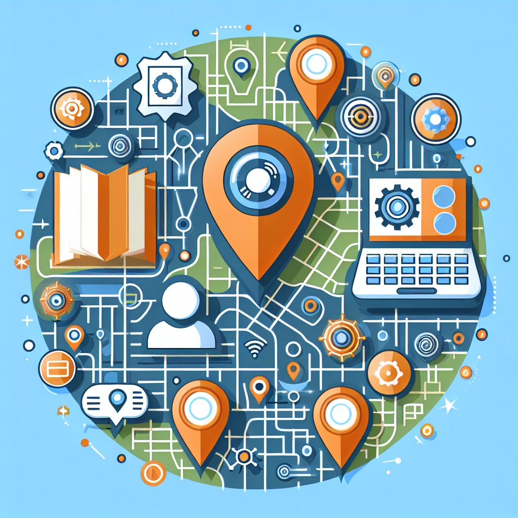 Illustration représentant l'importance du SEO local et l'impact de l'IA sur le marketing digital, avec des éléments comme une carte géographique et des icônes de technologie.