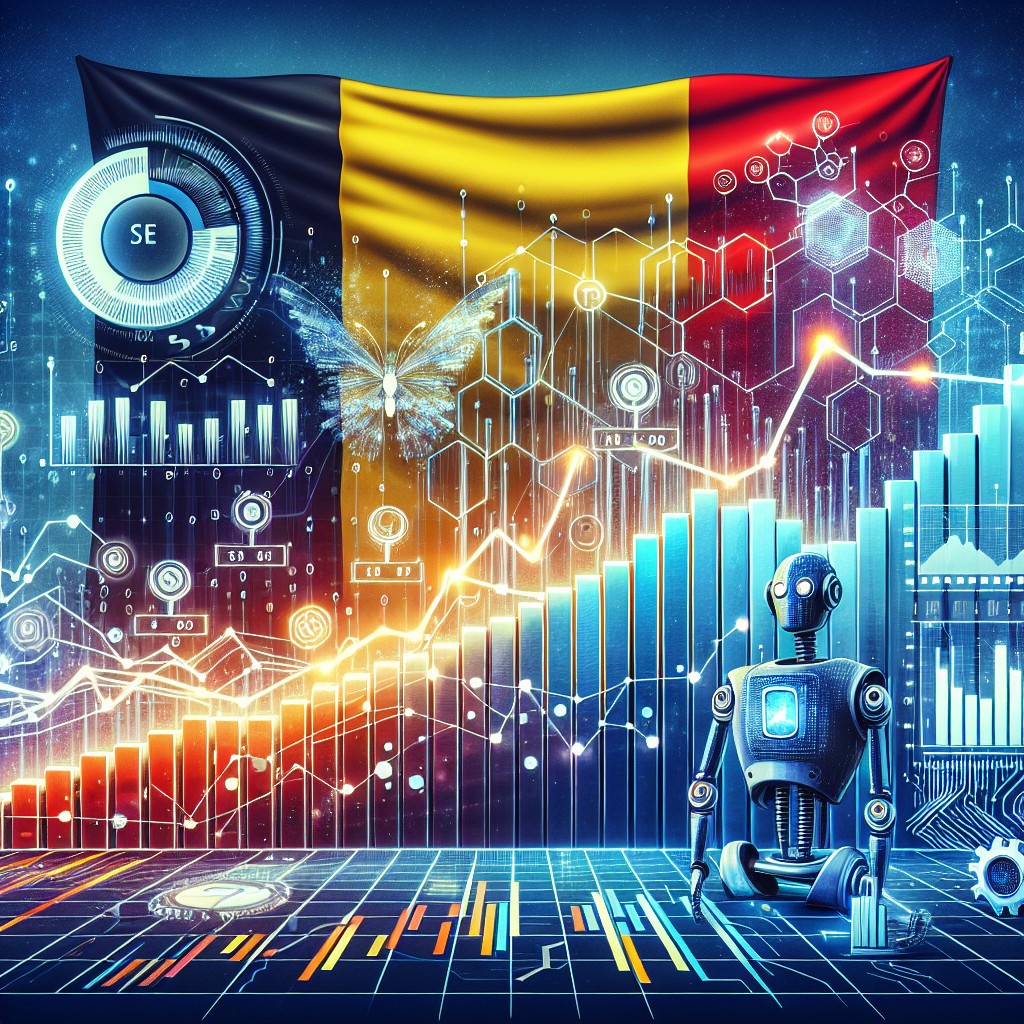 Vue stylisée de graphes SEO avec des éléments d'intelligence artificielle, représentant la croissance en ligne des entreprises en Belgique.