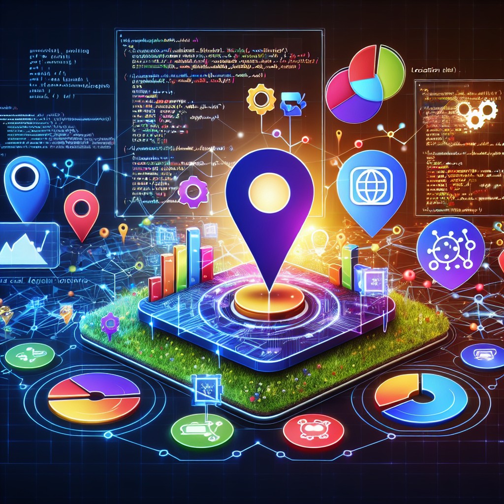 Une illustration montrant l'intégration de l'intelligence artificielle dans le SEO local, avec des graphiques et des icônes représentant la localisation et l'optimisation.