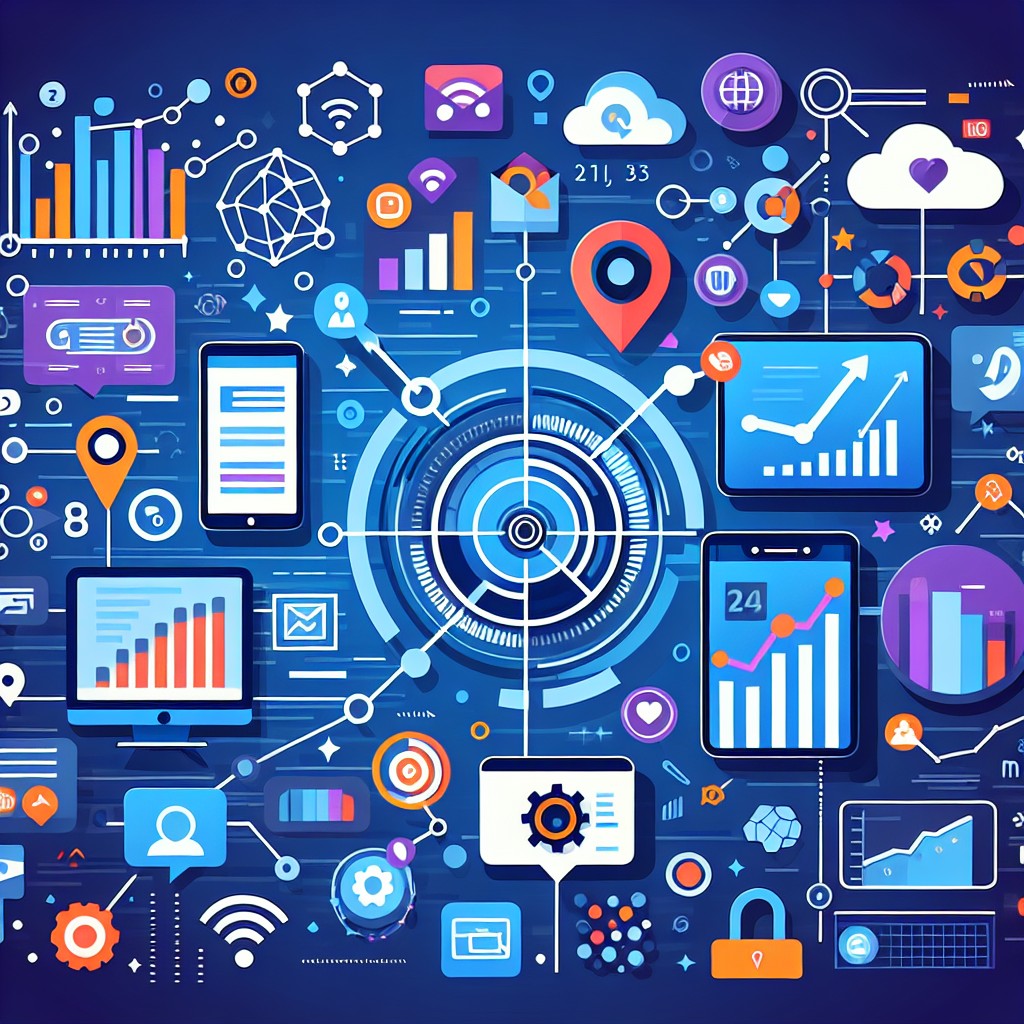 Illustration montrant la convergence de la technologie numérique et du marketing, avec des icônes comme smartphones, graphiques de données, et symboles de réseaux sociaux.