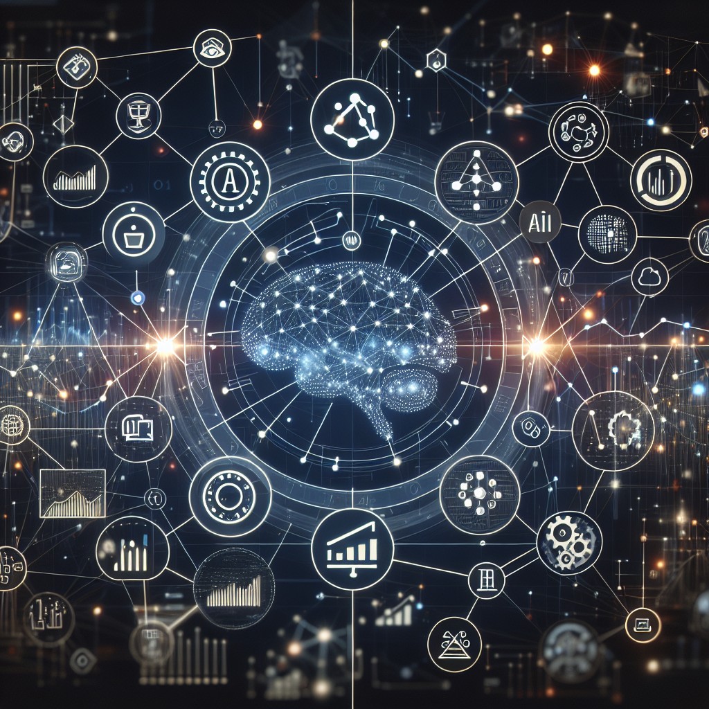 Illustration mettant en avant l'intégration de l'intelligence artificielle dans le marketing digital, symbolisée par un réseau de données interconnectées et des analyses prédictives.