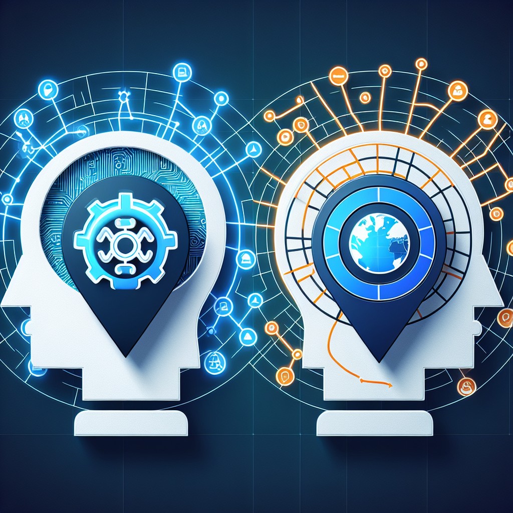 Une illustration représentant l'intelligence artificielle et le SEO local, combinant des icônes de robots et de cartes géographiques.