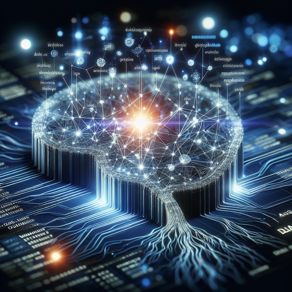 Image montrant un réseau de neurones stylisé avec des données en arrière-plan, symbolisant le machine learning et l'optimisation web.