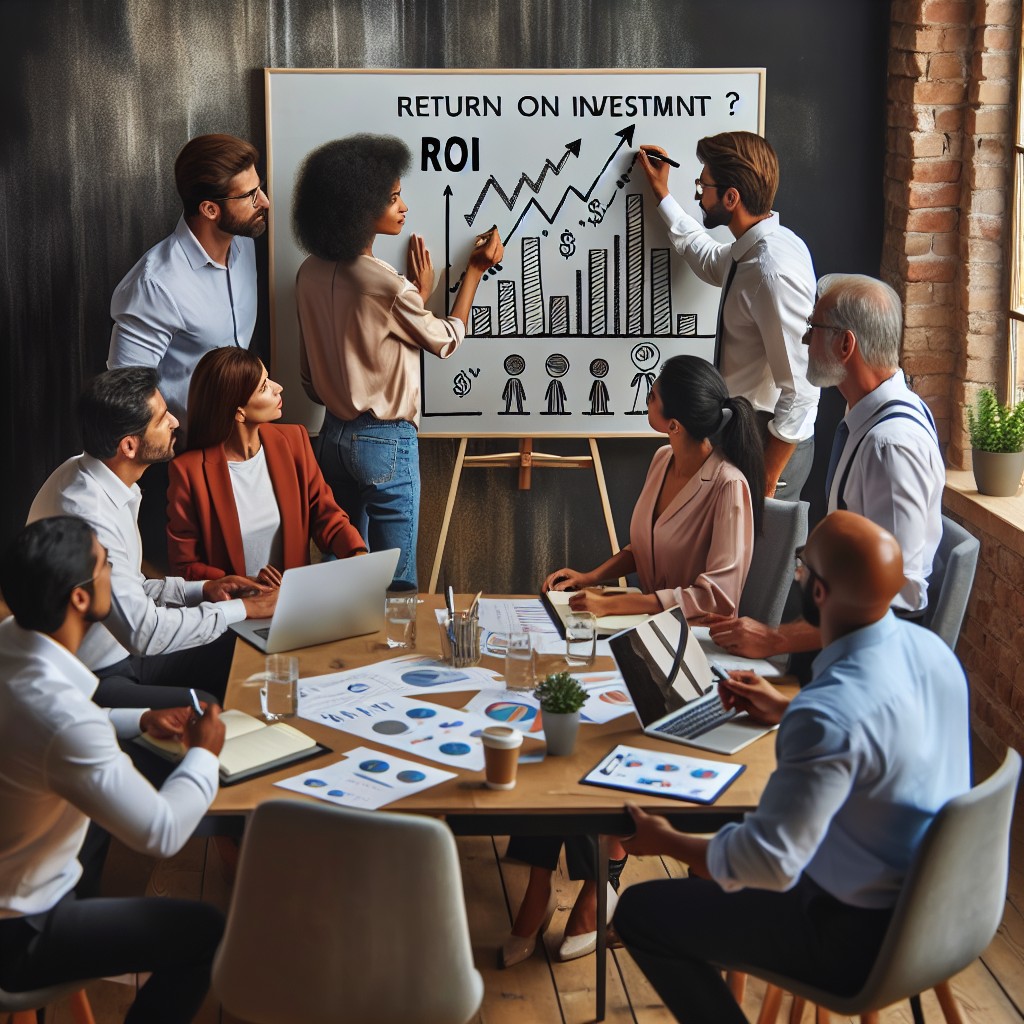 Une PME en pleine croissance visualisant des graphiques de ROI sur un tableau blanc.