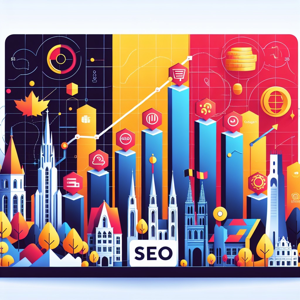 Image de couverture illustrant l'importance du SEO pour les e-commerces en Belgique, montrant des graphiques de croissance et des outils de SEO.