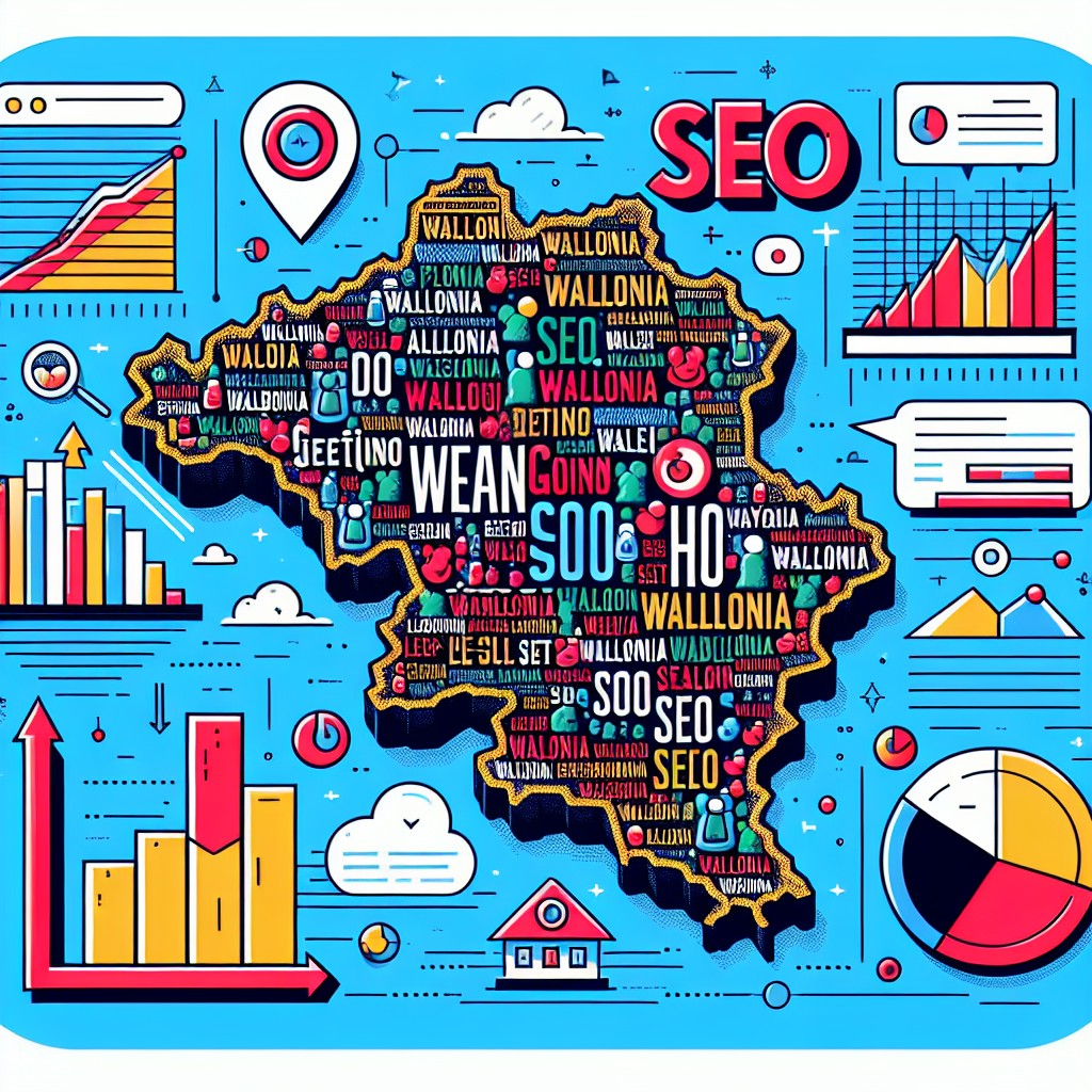 Illustration représentant une carte de la Wallonie avec des éléments SEO comme des mots-clés et des graphiques de performance.