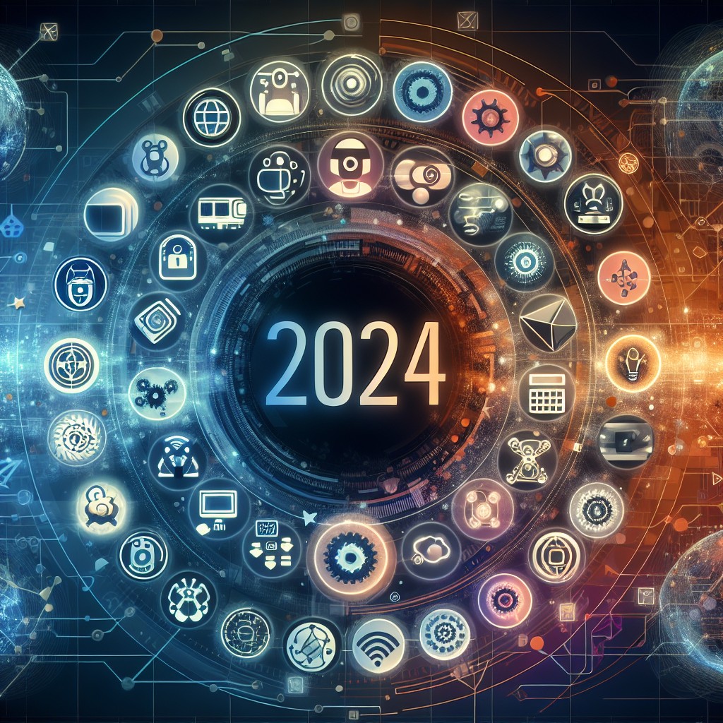 Image de couverture montrant des icônes digitales représentant la transition technologique en 2024