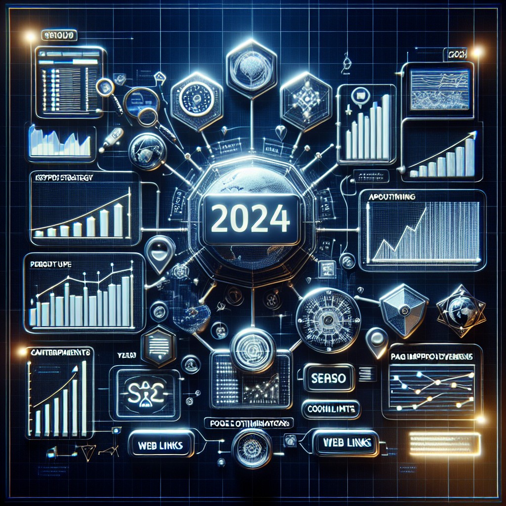 Image d'une stratégie SEO avec des liens et graphiques représentant l'optimisation des moteurs de recherche en 2024.