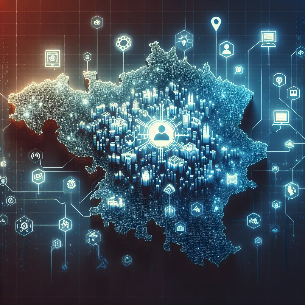 Une carte numérique stylisée de la Wallonie avec des icônes de technologie éparpillées, représentant la digitalisation des entreprises.