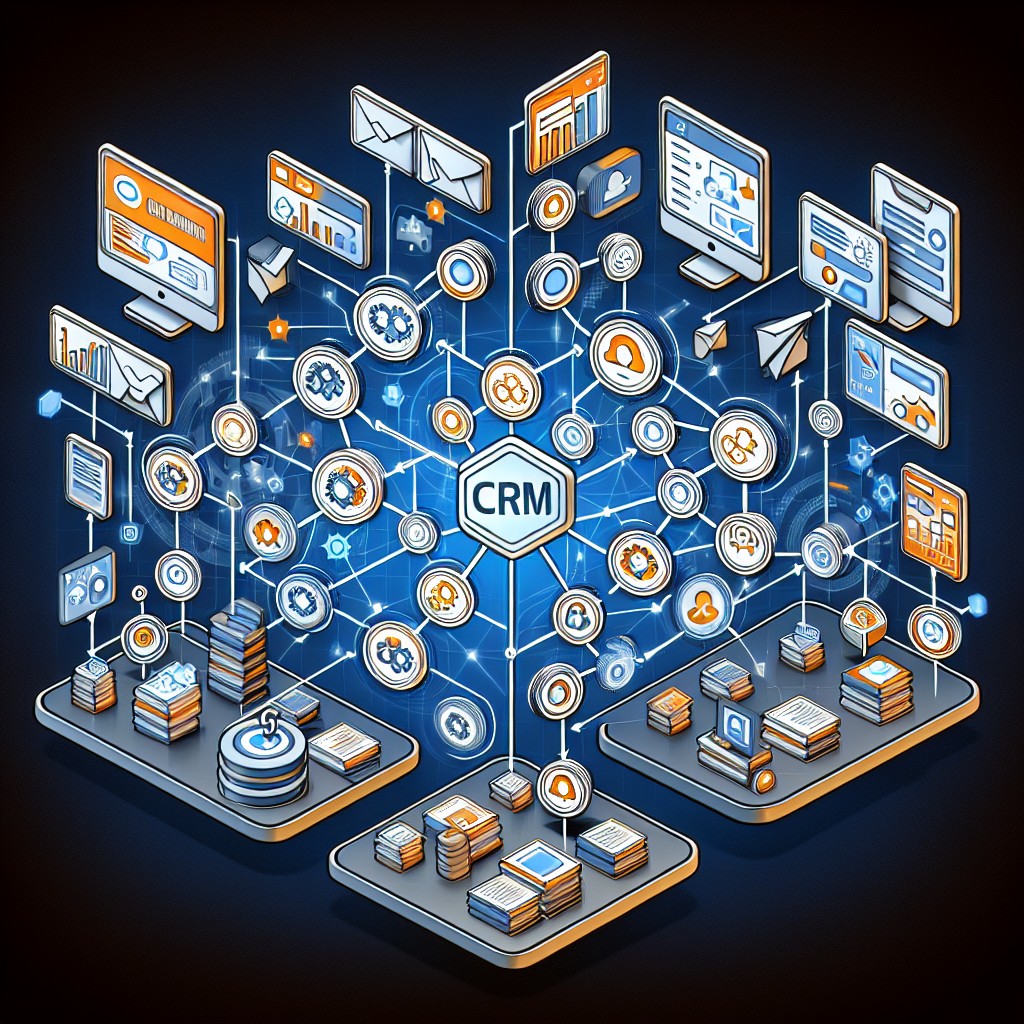 Illustration représentant divers outils CRM connectés entre eux pour montrer l'interaction et la gestion centralisée des clients.