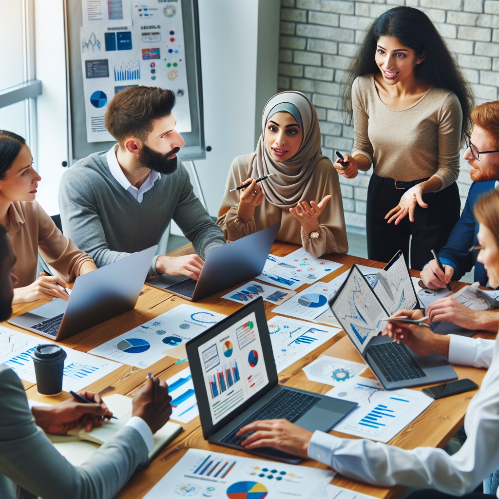 Une PME en pleine séance de brainstorming sur une stratégie de marketing digital avec des graphiques et des ordinateurs portables sur la table.