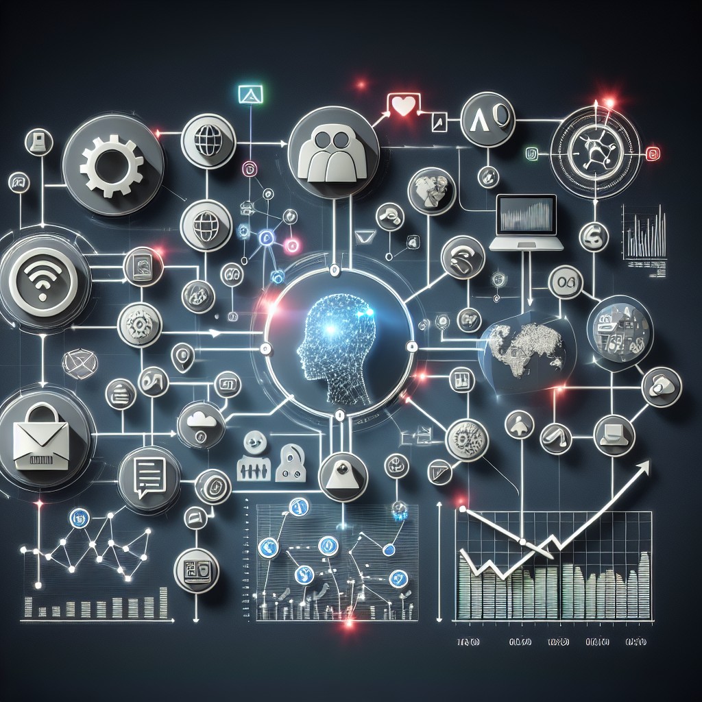 Une image moderne représentant une stratégie de marketing digital avec des éléments comme les réseaux sociaux, l'IA et des graphiques de performance.