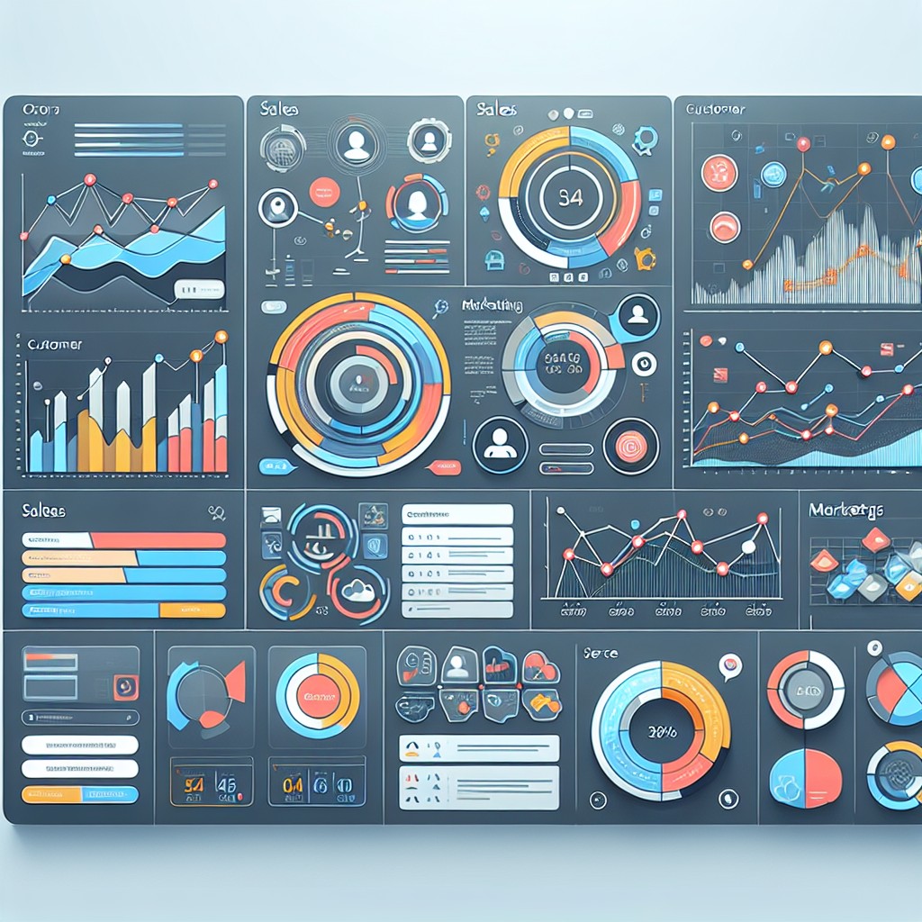 Illustration d'un tableau de bord CRM moderne avec interfaces utilisateur et données analytiques