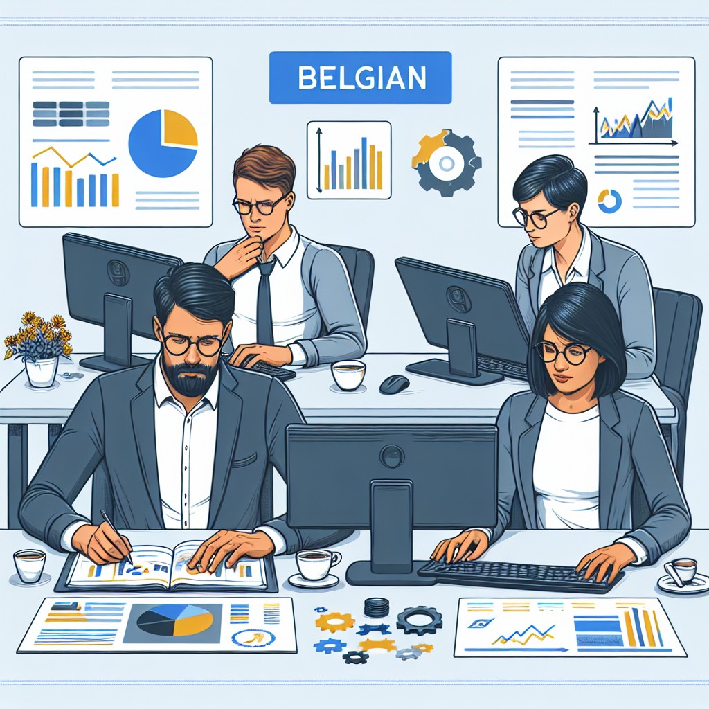 Image représentant une PME belge travaillant sur l'optimisation SEO de son site web, avec des graphiques et des outils d'analyse à l'écran.