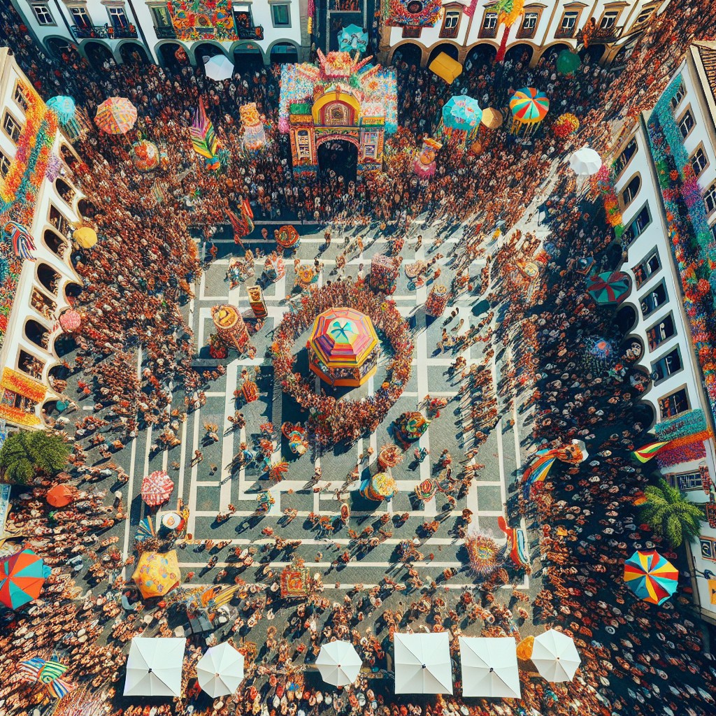 Vue aérienne de la Place Centrale de Longueville durant les festivités, avec des couleurs vives et des foules en liesse.