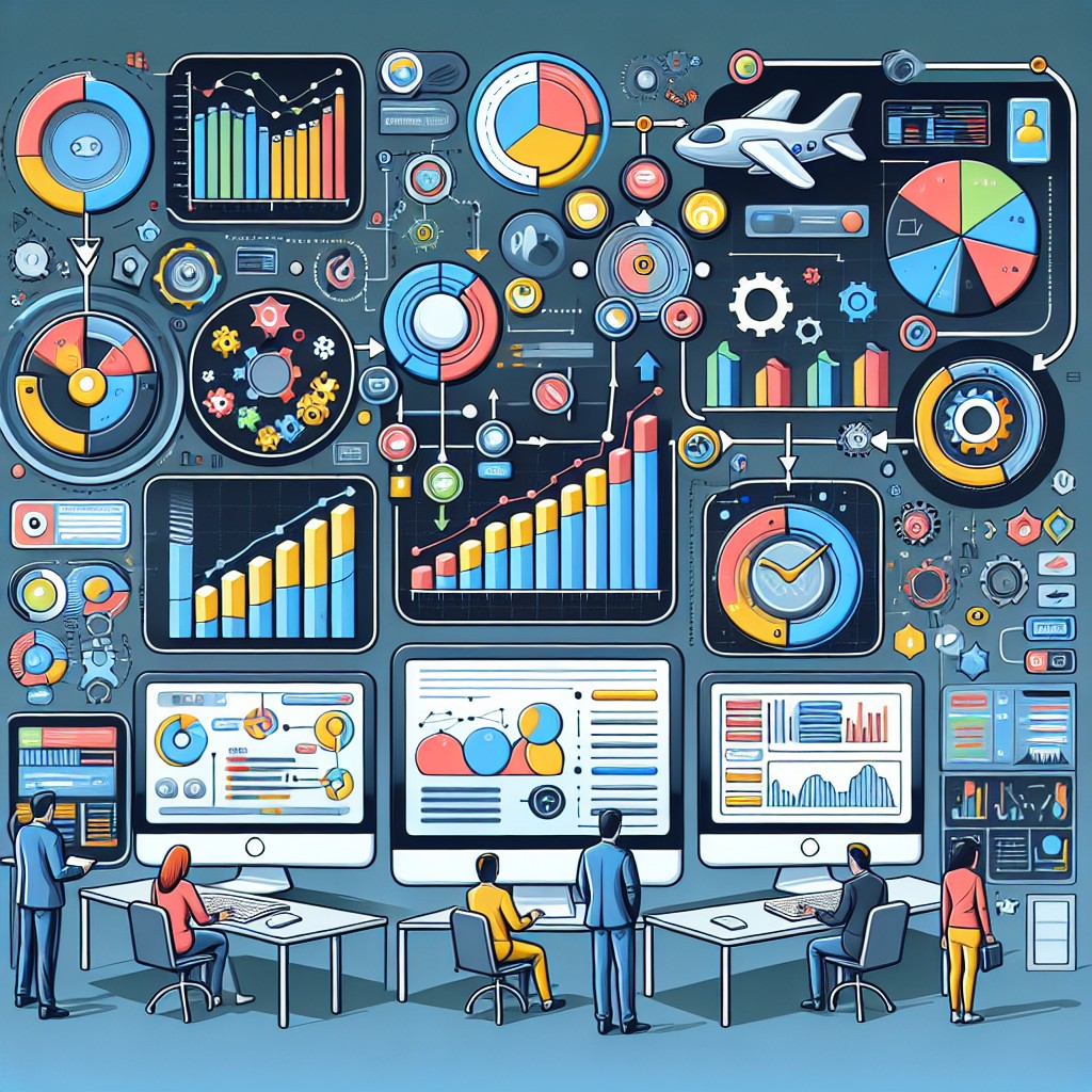 Une illustration montrant un tableau de bord interactif de marketing automation pour une PME, avec des graphiques et des flux de travail automatisés.