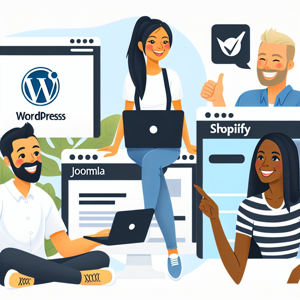 Couverture de l'article montrant divers systèmes de gestion de contenu (CMS) comme WordPress, Joomla, et Shopify avec des utilisateurs satisfaits.