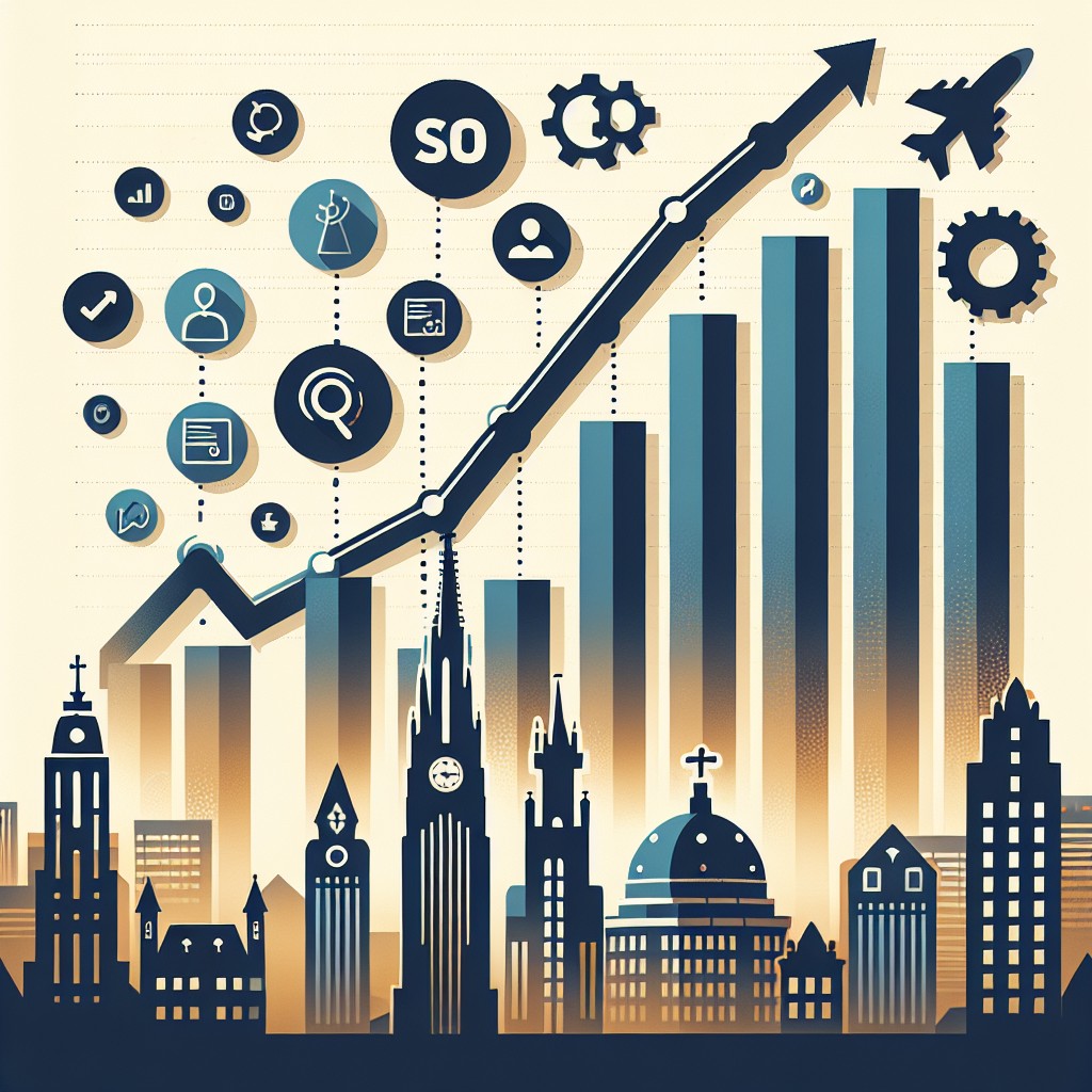 Illustration montrant un graphique de croissance SEO avec des entreprises belges utilisant divers outils SEO.