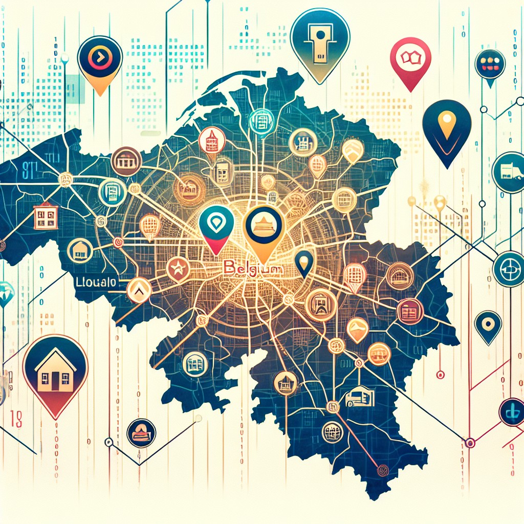 Une carte de Belgique avec des icônes de localisation soulignant l'importance du SEO local pour les entreprises.