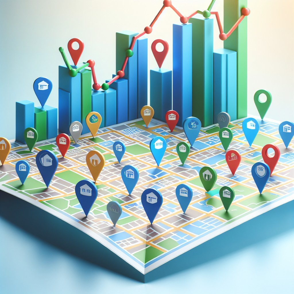 Une carte avec des épingles représentant des entreprises locales sur fond de graphiques de croissance.