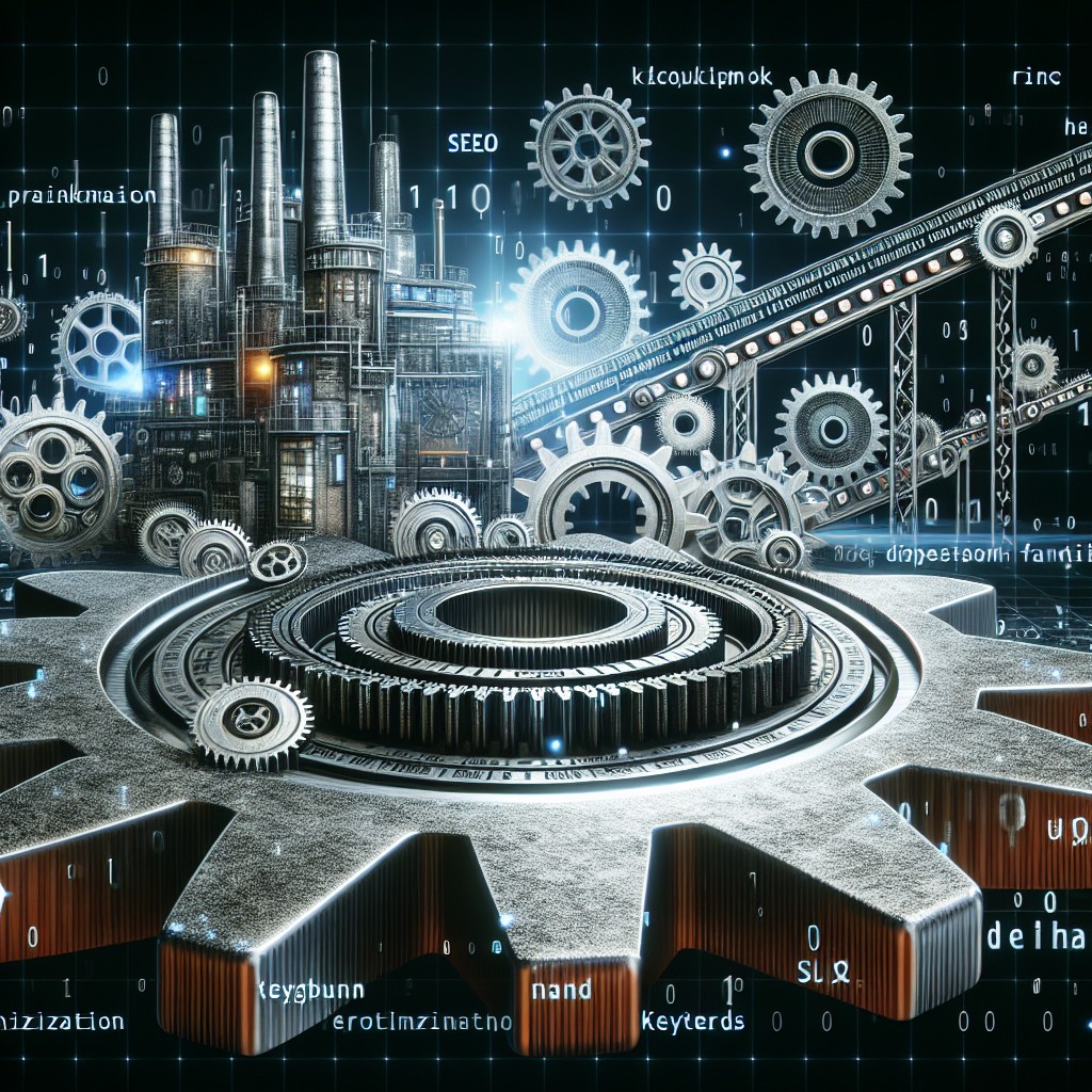 Image de couverture illustrant le concept de SEO avec des éléments industriels comme des engrenages ou des usines numériques