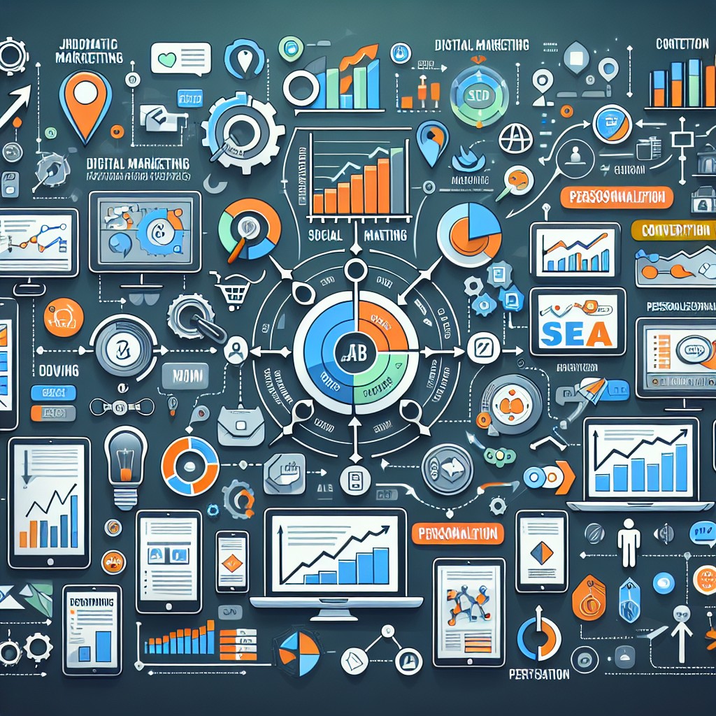 Une représentation graphique de diverses stratégies de marketing digital, incluant des graphiques de croissance et des outils de personnalisation.