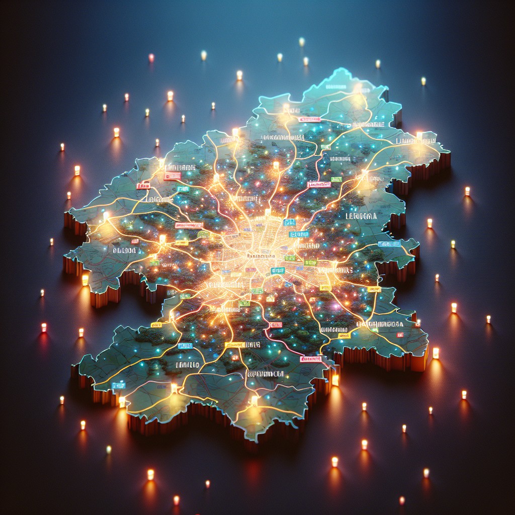 Image d'une carte de Wallonie illuminée de points symbolisant des entreprises locales prospères grâce au référencement local.