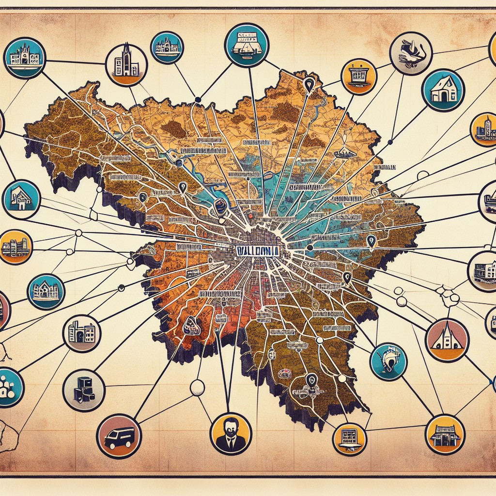 Image montrant une carte de la Wallonie reliée par des lignes symboliques aux différentes agences web locales, illustrant le réseau de proximité.