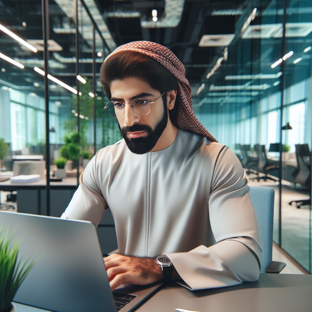 Un entrepreneur utilisant un ordinateur portable dans un bureau moderne, illustrant l'importance de la présence en ligne.