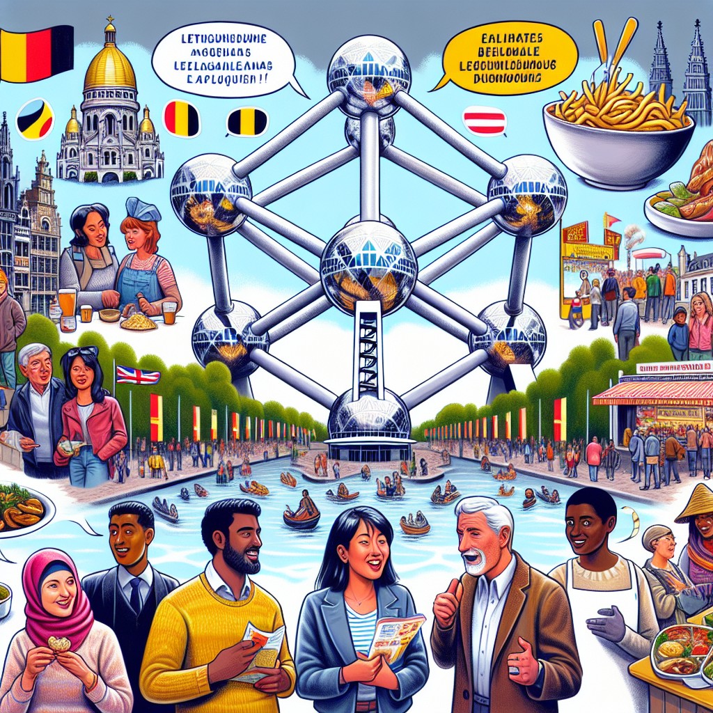 Image de couverture représentant la diversité culturelle et linguistique de la Belgique, montrant divers aspects de la vie belge comme des monuments, des événements régionaux et des communautés locales.