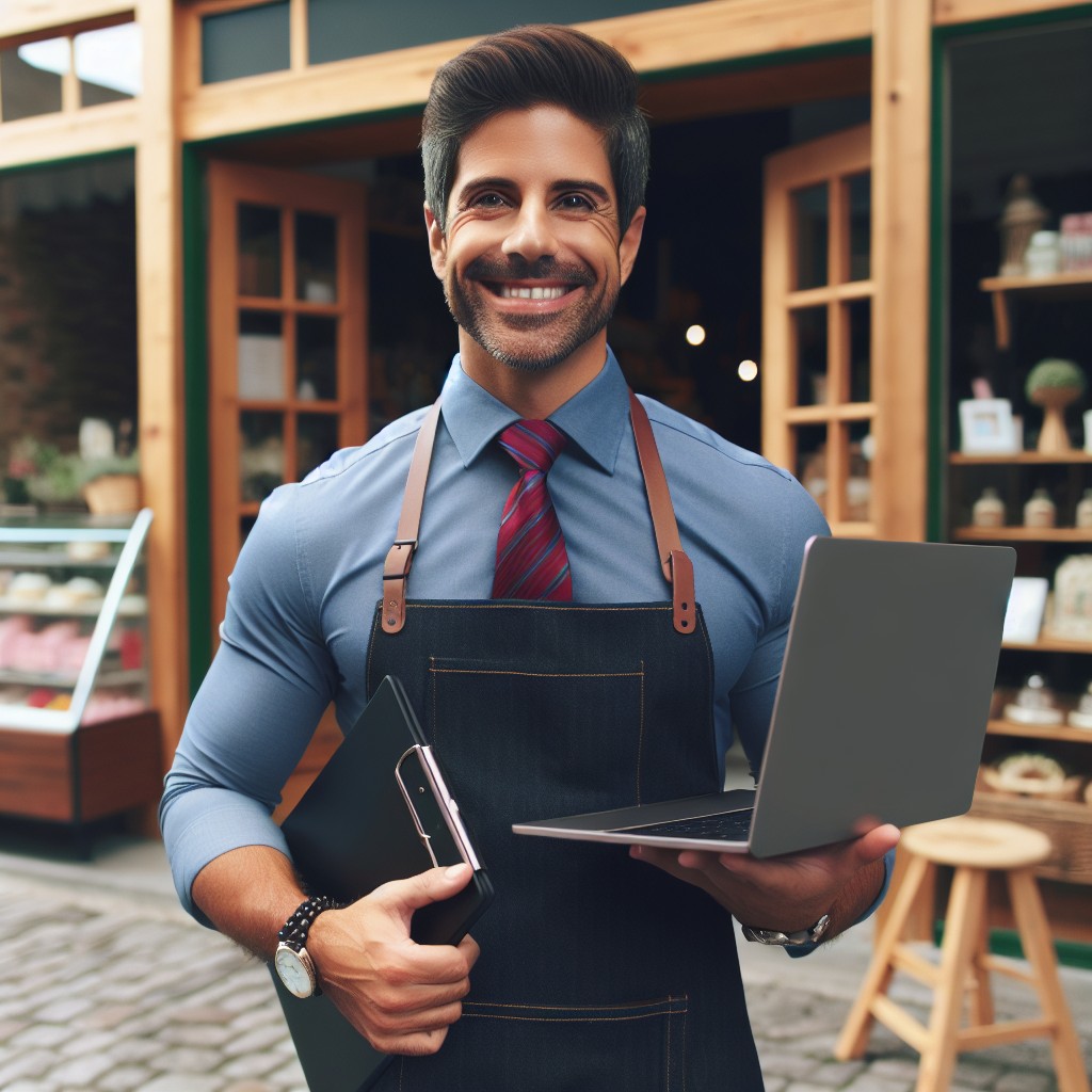 Un entrepreneur local souriant debout devant son magasin avec un ordinateur portable à la main, symbolisant la transition numérique de son entreprise.