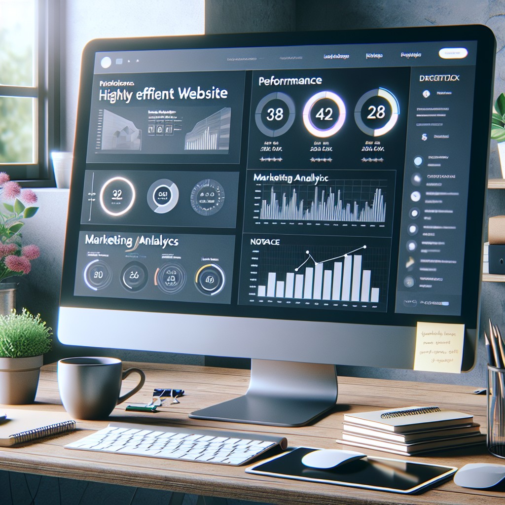 Une image de couverture représentant un site web performant sur un ordinateur, avec des graphiques de performance et des analyses marketing.