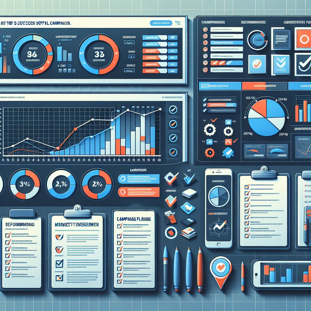 Un tableau de bord marketing montrant des graphiques de performance et des checklists organisées pour une campagne réussie.