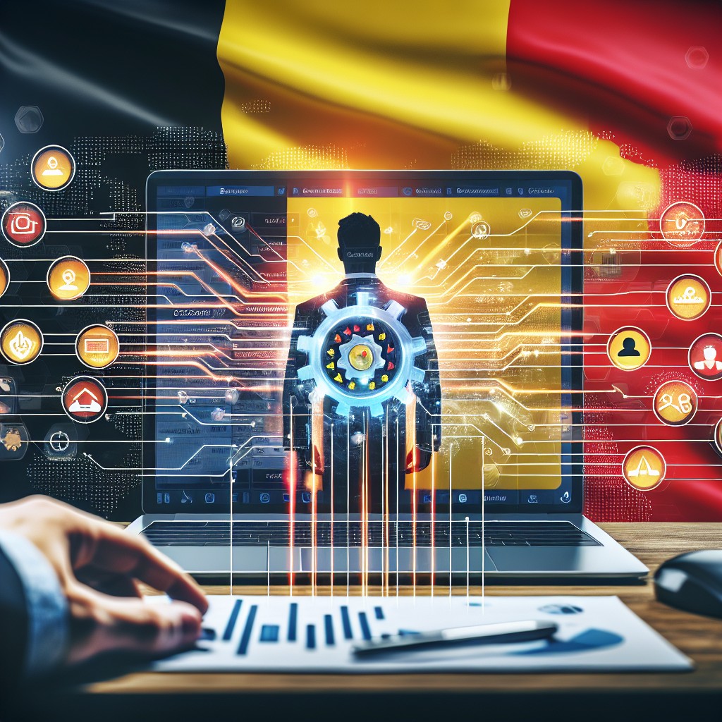 Image conceptuelle montrant une interface de CRM sur un ordinateur avec un arrière-plan mettant en évidence la Belgique