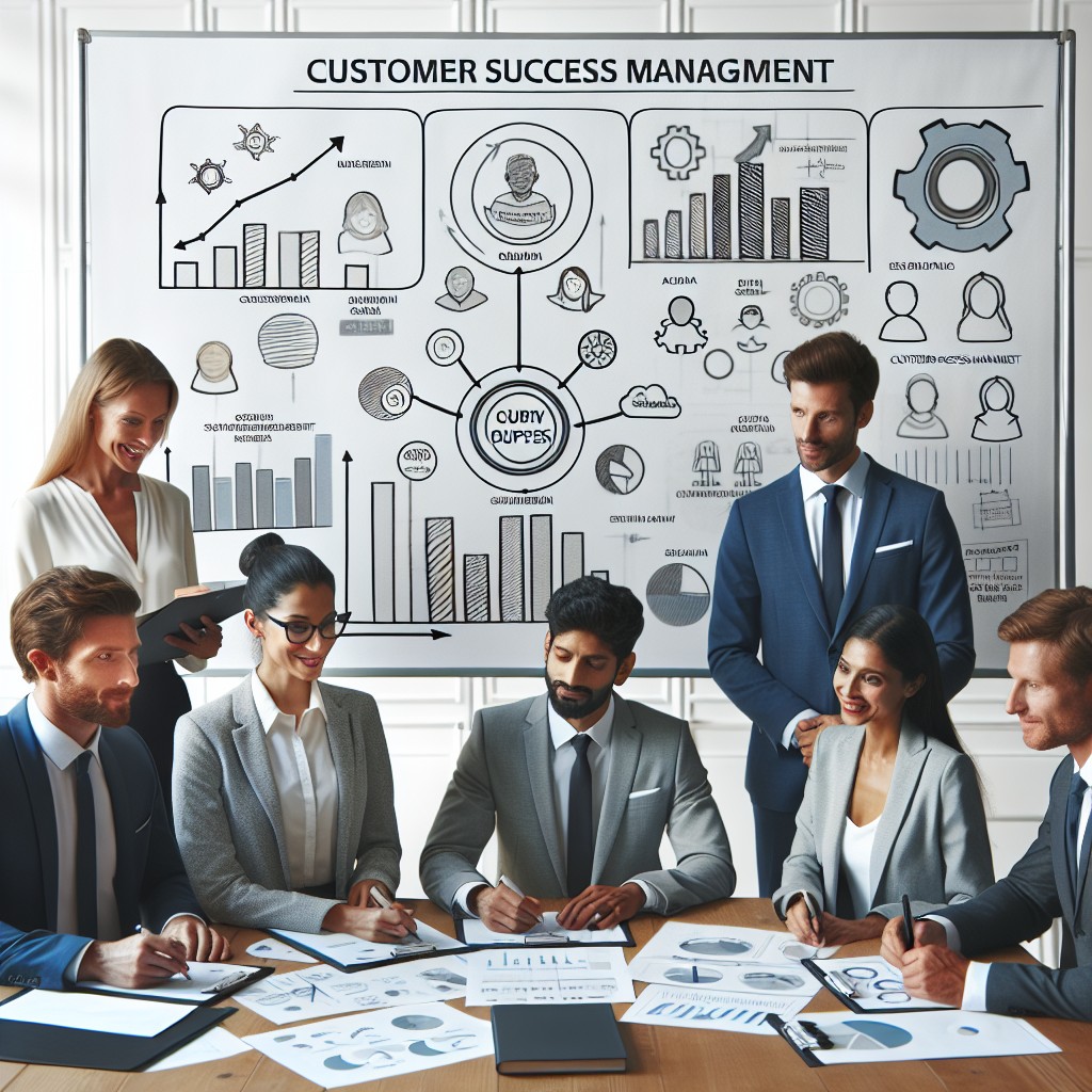 Une équipe de professionnels collaborant autour d'un tableau blanc avec des graphiques et des diagrammes représentant des stratégies de Customer Success Management.