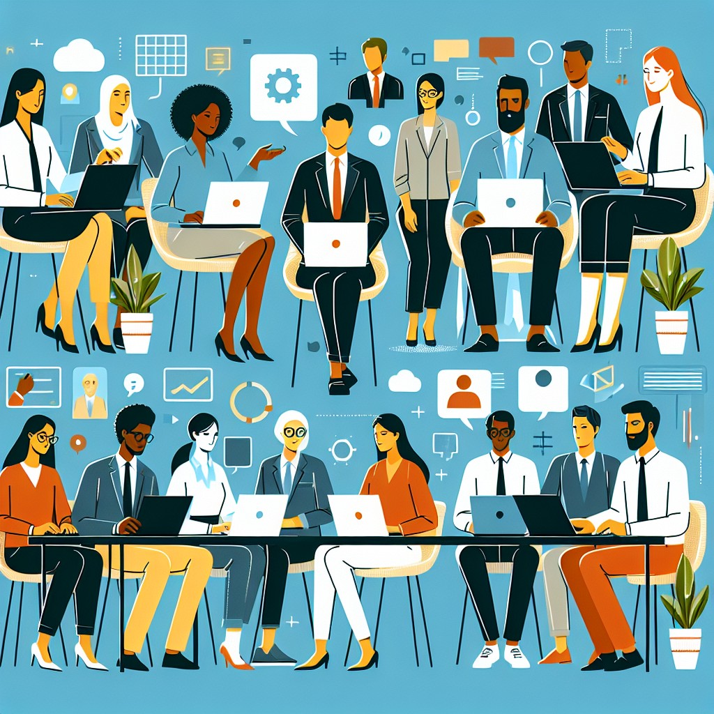 Illustration moderne d'employés utilisant des technologies numériques en entreprise.