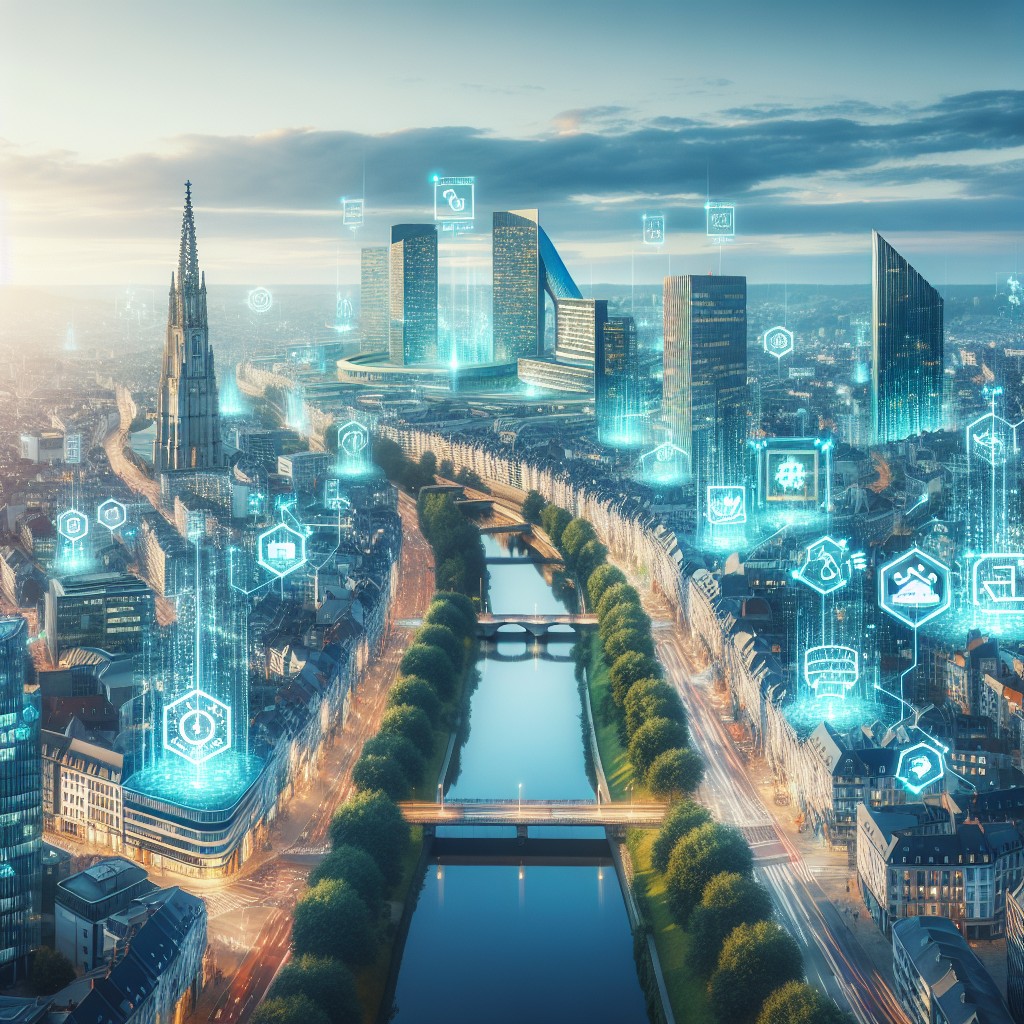 Vue aérienne d'une ville de Wallonie avec des symboles de technologie et innovation numérique