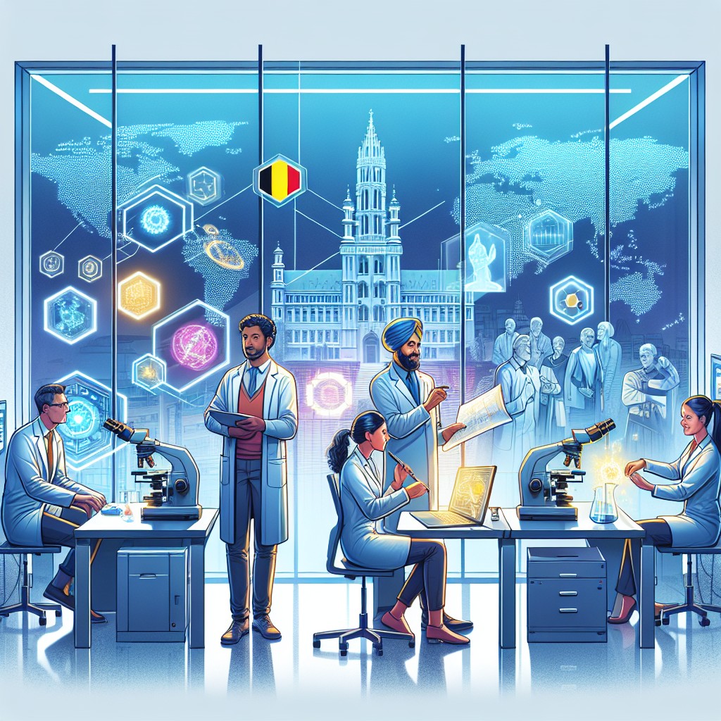 Une illustration représentant l'innovation belge en recherche scientifique, avec des éléments symbolisant la collaboration, la technologie avancée et le progrès.