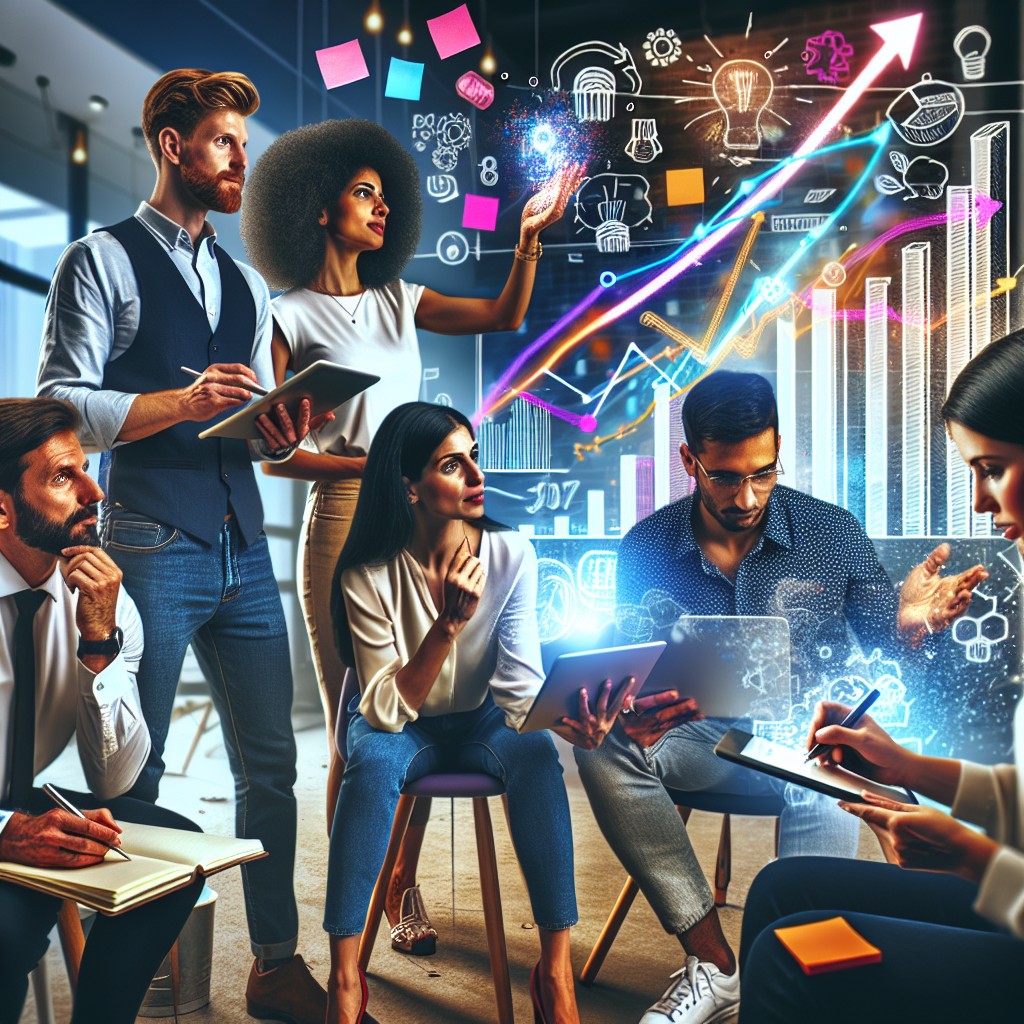 Une image dynamique représentant une équipe diverse d'experts en marketing digital discutant de stratégies innovantes pour transformer la présence en ligne des entreprises.