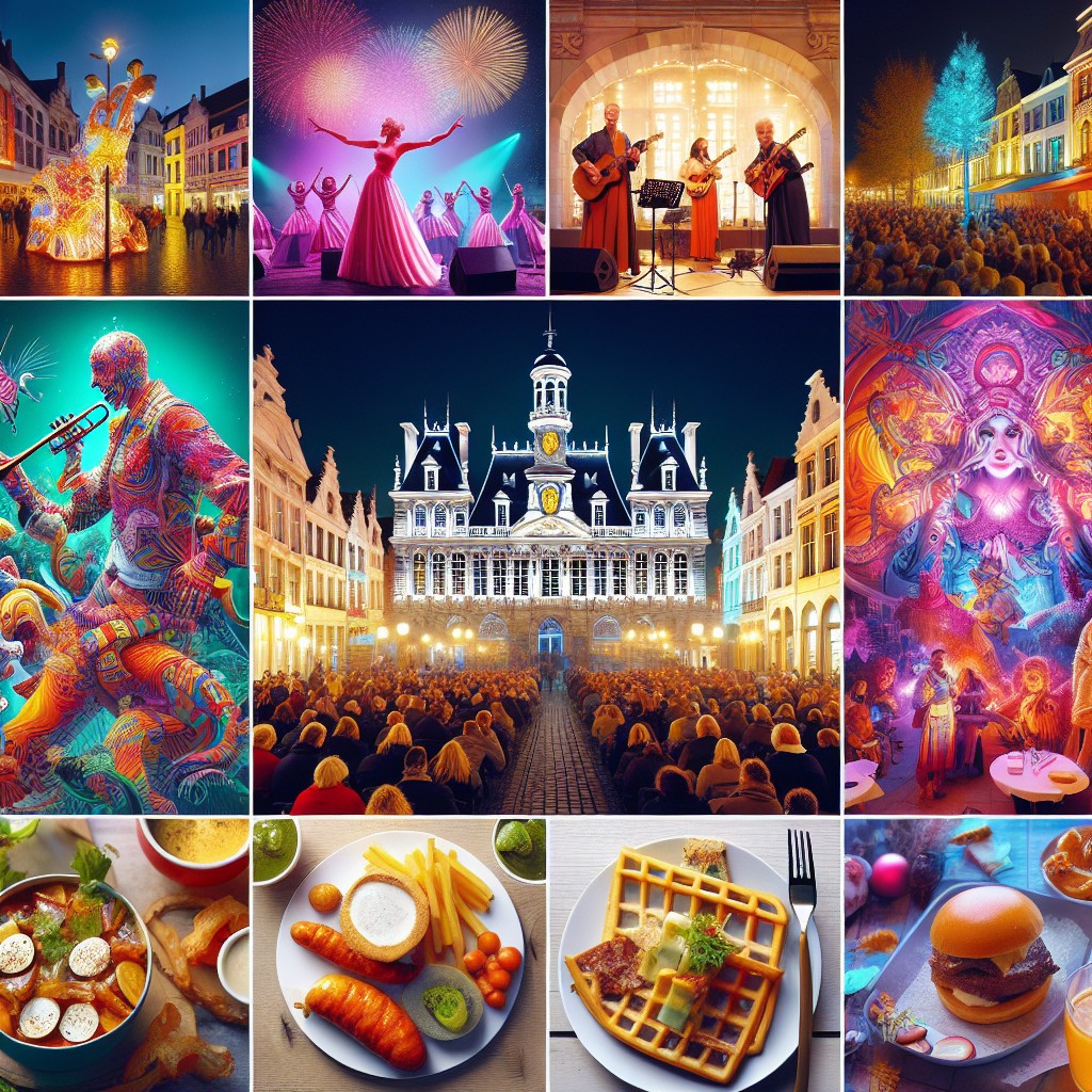 Un collage vibrant illustrant des performances artistiques, des façades historiques illuminées, et des spécialités culinaires locales du Festival de Novembre en Wallonie.