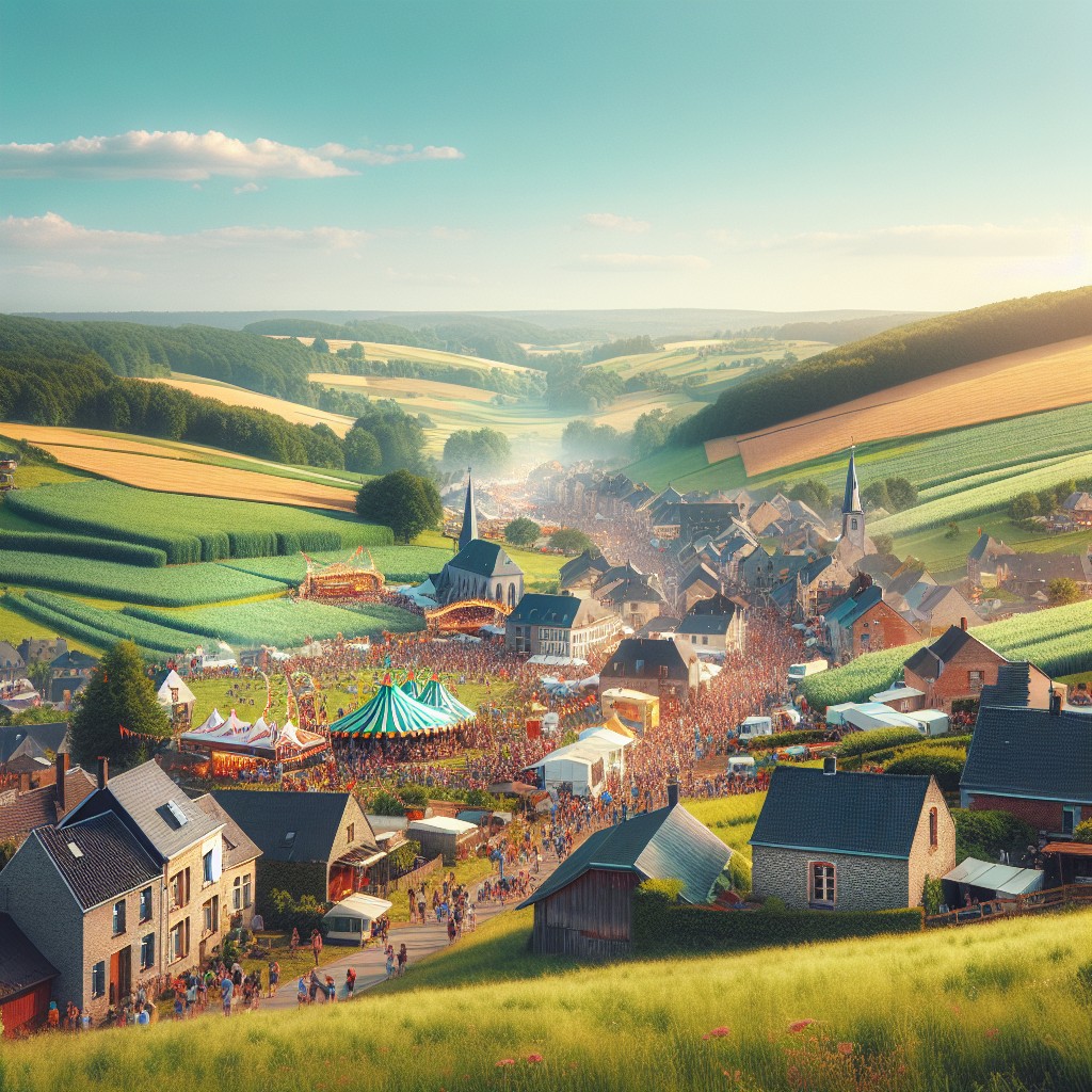 Vue panoramique d'un paysage pittoresque en Wallonie avec un festival animé en arrière-plan.