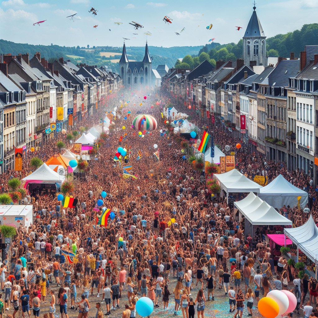 Vue panoramique de la Wallonie lors d'un festival vibrant avec des foules joyeuses, musique et festivités.