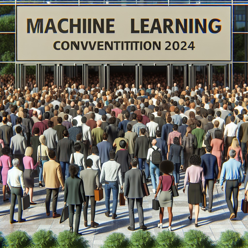 Image de couverture présentant une foule nombreuse atterrissant l'entrée d'un salon technologique avec des bannières affichant 'Salon Machine Learning 2024'.