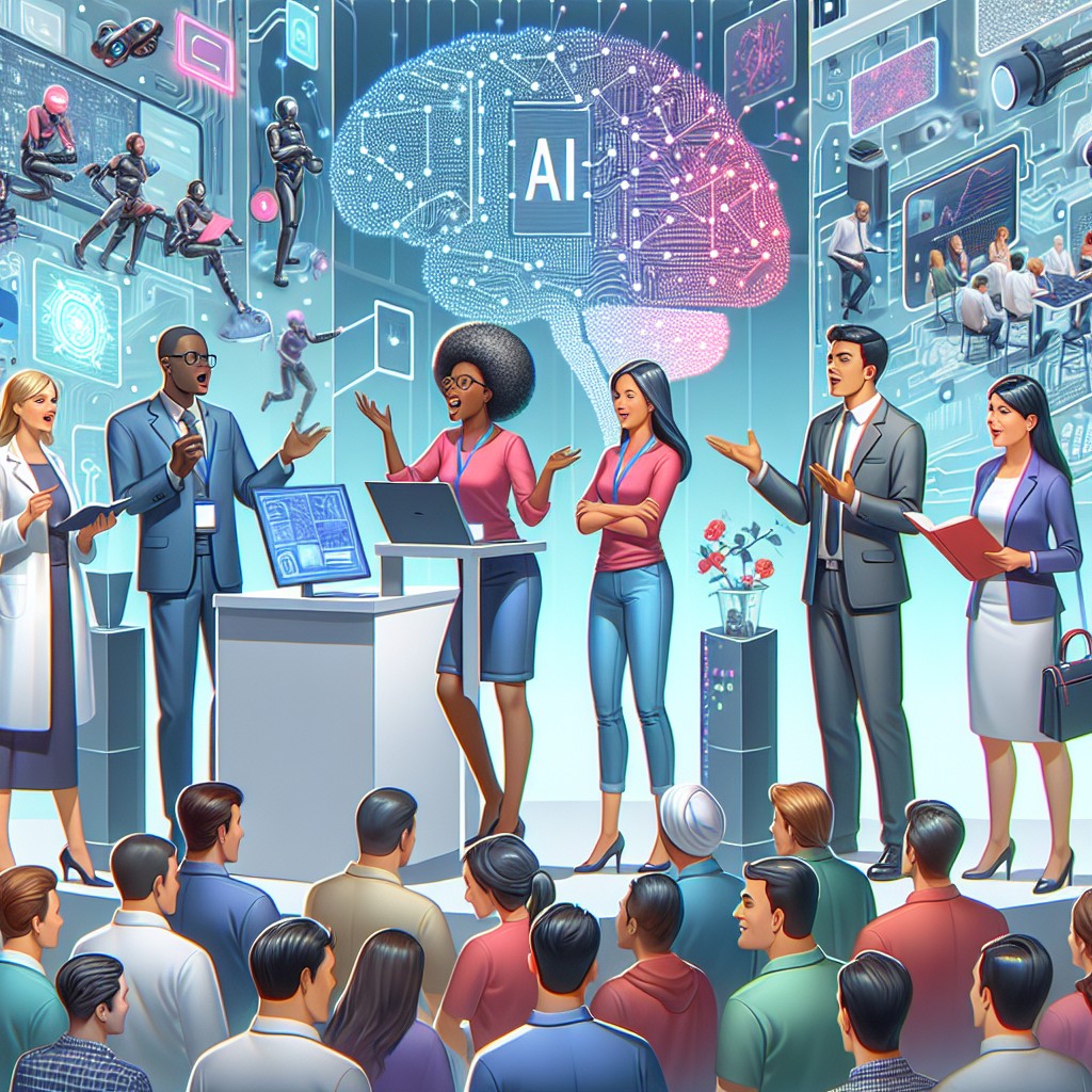 Image de couverture illustrant des experts en intelligence artificielle lors d'un salon technologique animé.