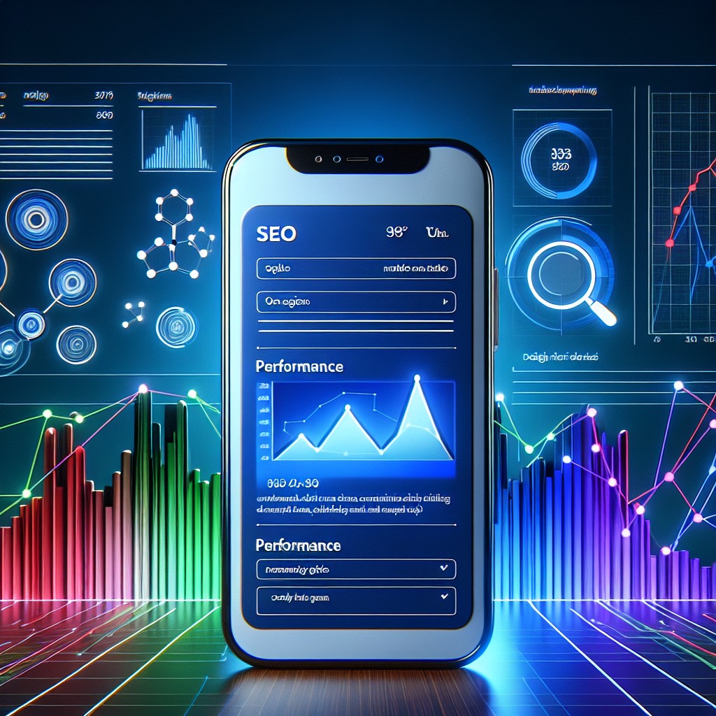 Image représentant un smartphone affichant un site web optimisé pour le mobile avec des graphiques de performance SEO en arrière-plan.