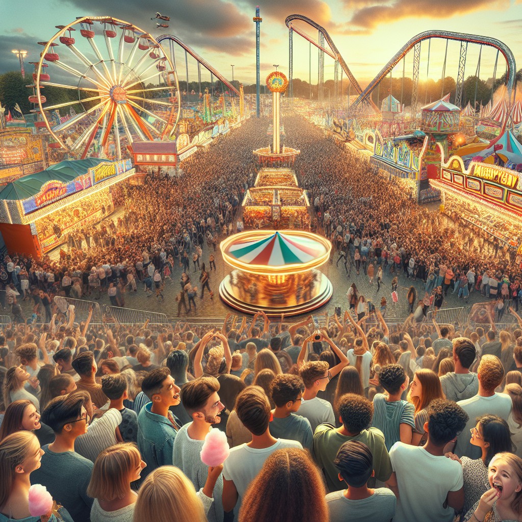 Vue d'ensemble d'une fête foraine en Wallonie avec manèges illuminés et foule enthousiaste.