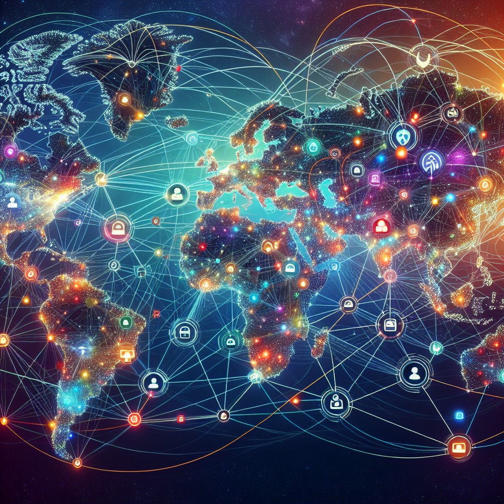 Une illustration montrant des entreprises connectées globalement via des technologies modernes en ligne.