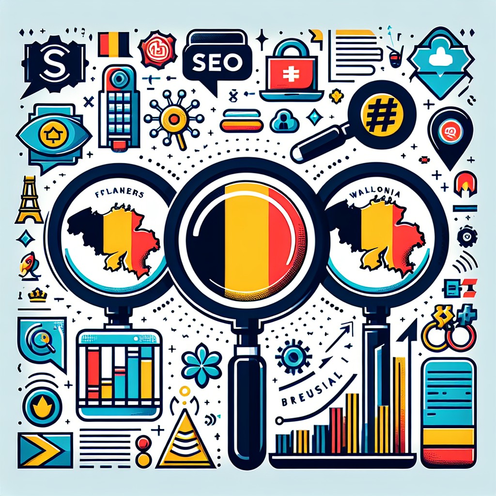 Une image représentant les trois régions linguistiques de Belgique avec des icônes de SEO et de marketing digital.