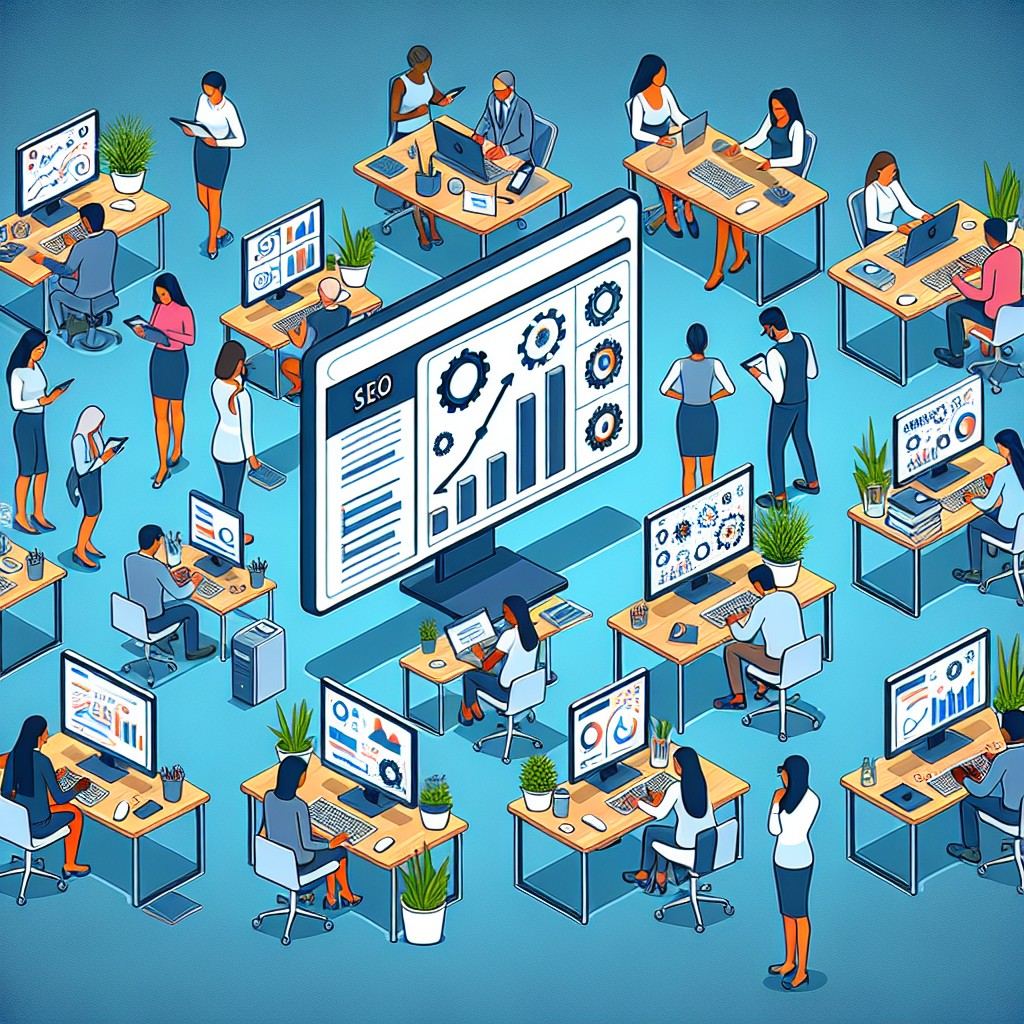 Illustration montrant une PME utilisant des outils SEO modernes sur plusieurs appareils numériques.